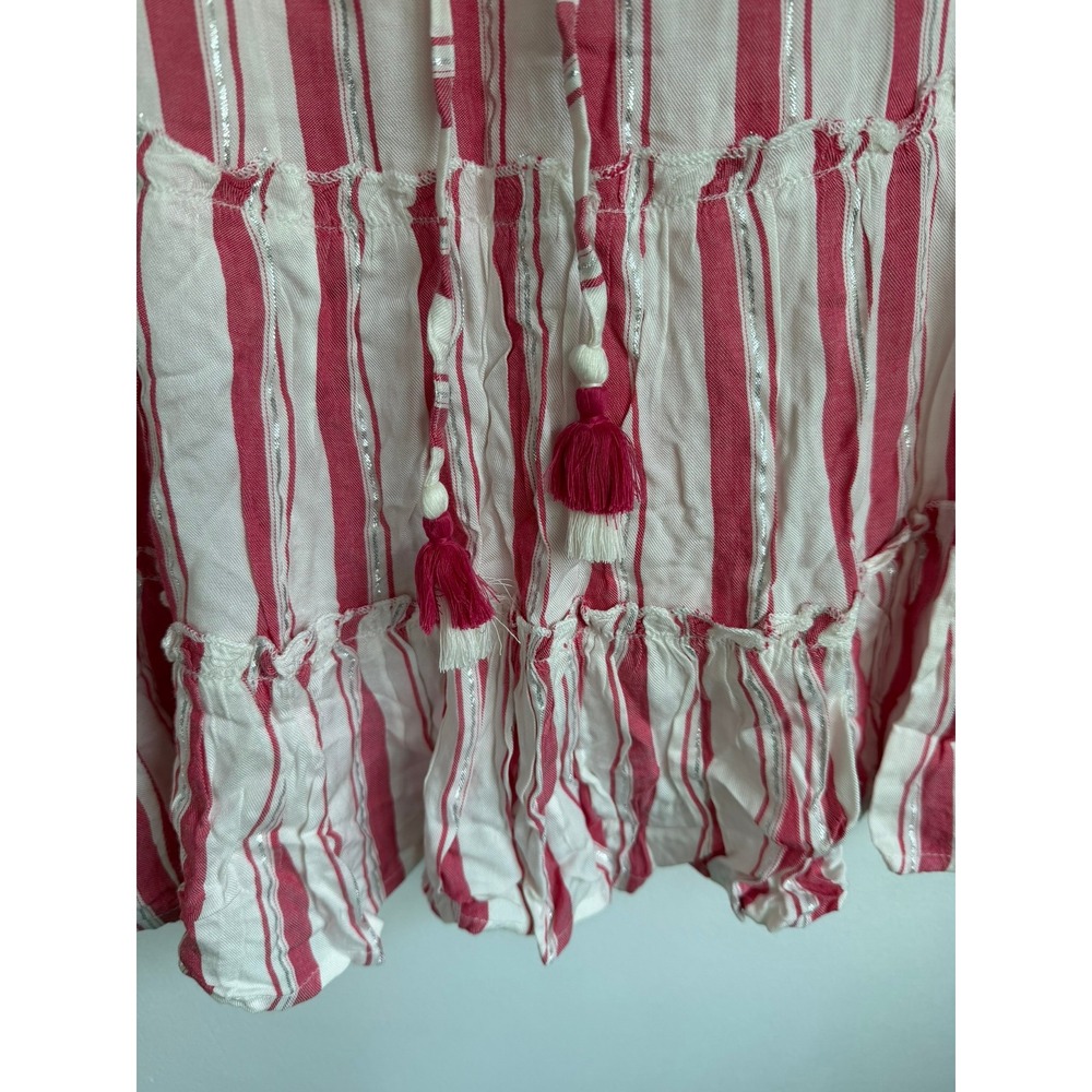 Blue Island Pink White Striped Metallic Tie Front Tassel Tiered Coverup Small - Picture 3 of 12